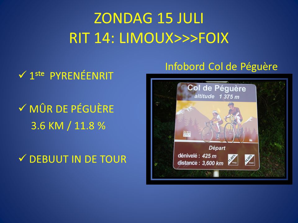 ZONDAG 15 JULI RIT 14: LIMOUX>>>FOIX  1 ste PYRENÉENRIT  MÛR DE PÉGUÈRE 3.6 KM / 11.8 %  DEBUUT IN DE TOUR Infobord Col de Péguère