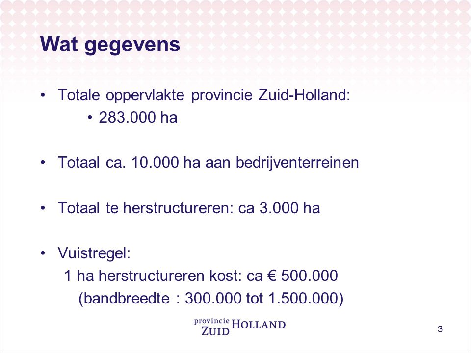 3 Wat gegevens •Totale oppervlakte provincie Zuid-Holland: • ha •Totaal ca.
