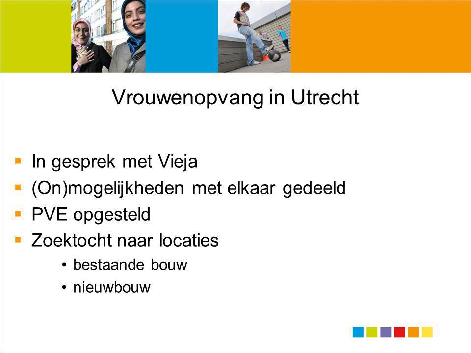 Vrouwenopvang in Utrecht  In gesprek met Vieja  (On)mogelijkheden met elkaar gedeeld  PVE opgesteld  Zoektocht naar locaties •bestaande bouw •nieuwbouw