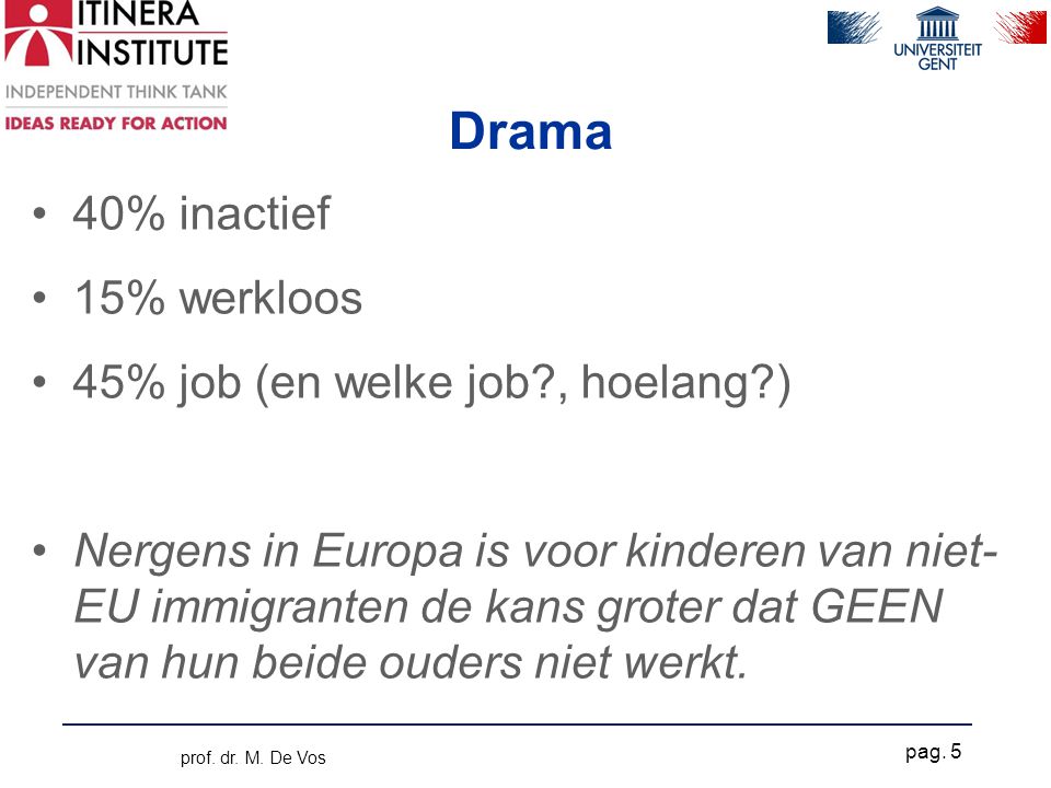 Drama •40% inactief •15% werkloos •45% job (en welke job , hoelang ) •Nergens in Europa is voor kinderen van niet- EU immigranten de kans groter dat GEEN van hun beide ouders niet werkt.