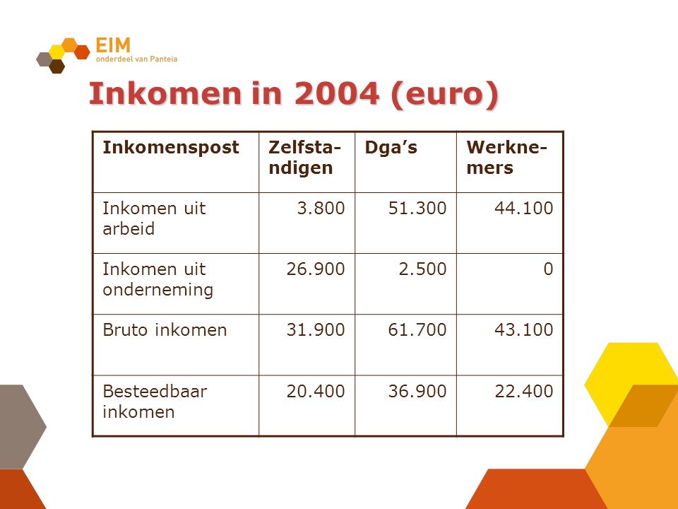 Inkomen in 2004 (euro) InkomenspostZelfsta- ndigen Dga’sWerkne- mers Inkomen uit arbeid Inkomen uit onderneming Bruto inkomen Besteedbaar inkomen