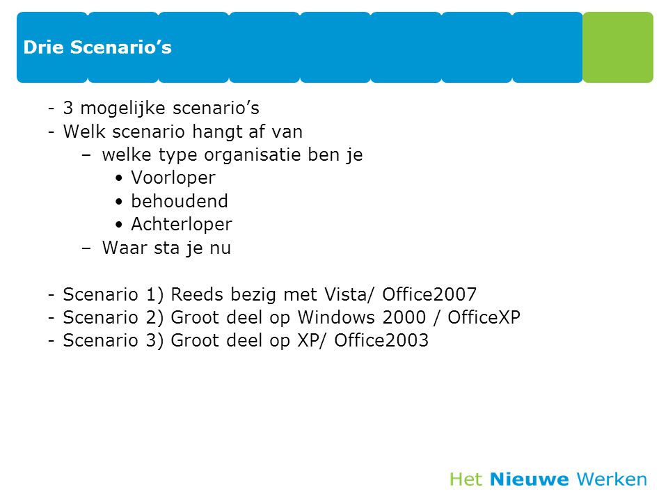 Drie Scenario’s -3 mogelijke scenario’s -Welk scenario hangt af van –welke type organisatie ben je •Voorloper •behoudend •Achterloper –Waar sta je nu -Scenario 1) Reeds bezig met Vista/ Office2007 -Scenario 2) Groot deel op Windows 2000 / OfficeXP -Scenario 3) Groot deel op XP/ Office
