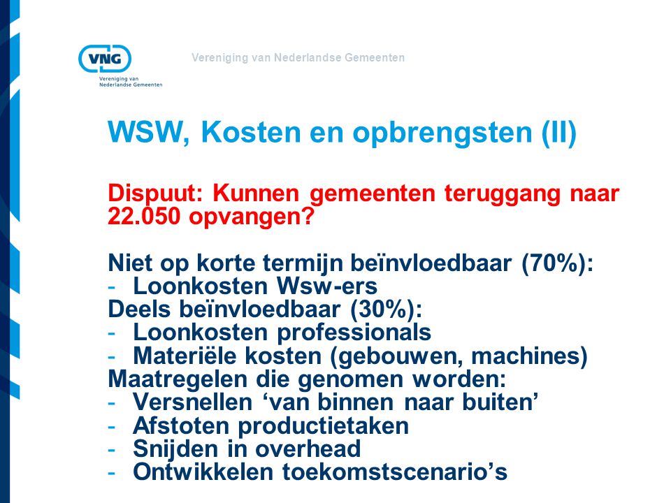 Vereniging van Nederlandse Gemeenten WSW, Kosten en opbrengsten (II) Dispuut: Kunnen gemeenten teruggang naar opvangen.