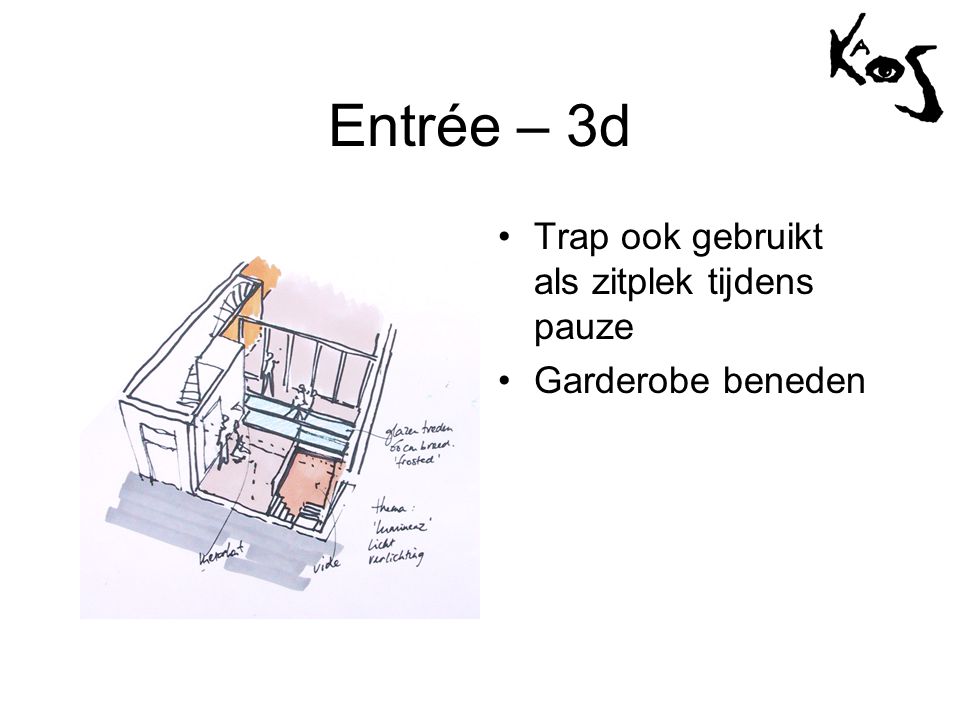 Entrée – 3d •Trap ook gebruikt als zitplek tijdens pauze •Garderobe beneden