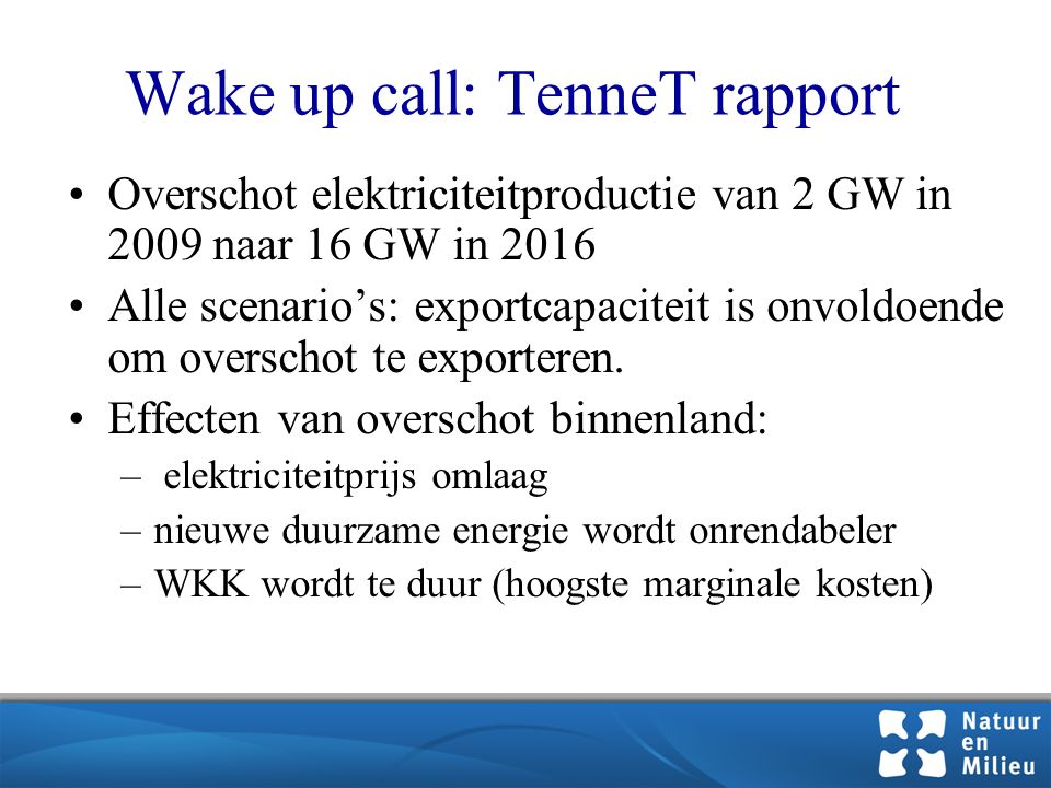 Wake up call: TenneT rapport •Overschot elektriciteitproductie van 2 GW in 2009 naar 16 GW in 2016 •Alle scenario’s: exportcapaciteit is onvoldoende om overschot te exporteren.