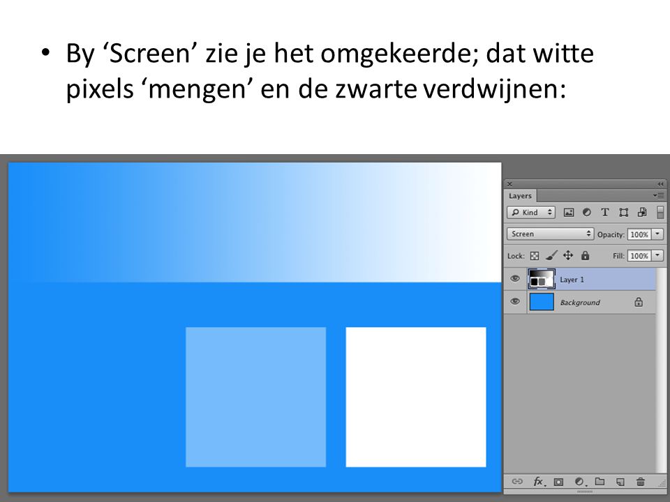 • By ‘Screen’ zie je het omgekeerde; dat witte pixels ‘mengen’ en de zwarte verdwijnen: