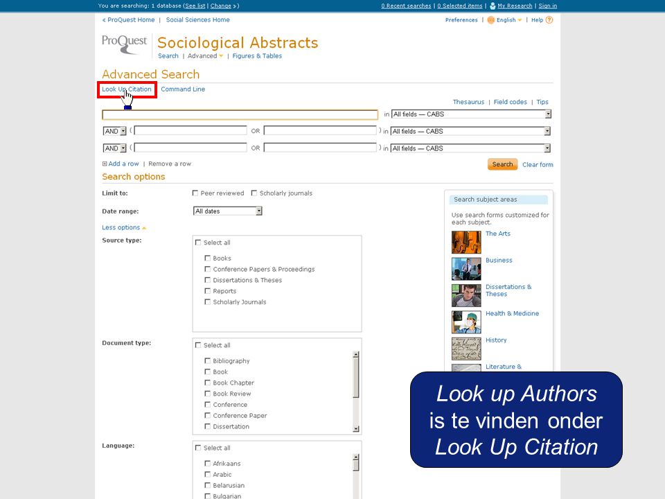 Look up Authors is te vinden onder Look Up Citation