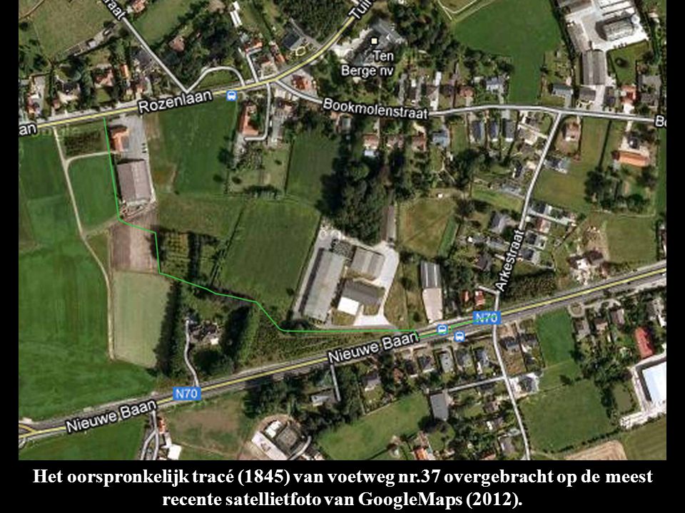 Het oorspronkelijk tracé (1845) van voetweg nr.37 overgebracht op de meest recente satellietfoto van GoogleMaps (2012).