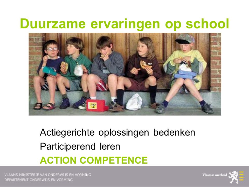 Duurzame ervaringen op school Actiegerichte oplossingen bedenken Participerend leren ACTION COMPETENCE