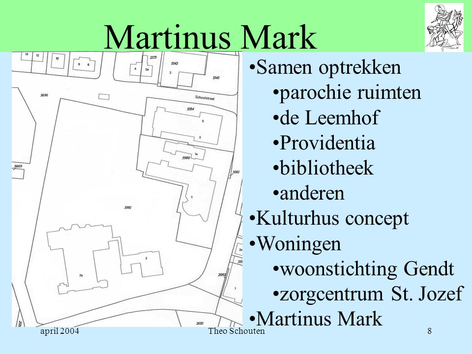april 2004Theo Schouten8 Martinus Mark •Samen optrekken •parochie ruimten •de Leemhof •Providentia •bibliotheek •anderen •Kulturhus concept •Woningen •woonstichting Gendt •zorgcentrum St.
