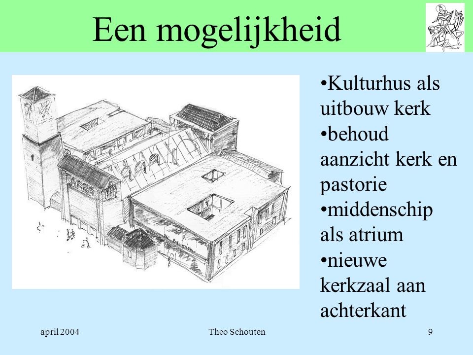 april 2004Theo Schouten9 Een mogelijkheid •Kulturhus als uitbouw kerk •behoud aanzicht kerk en pastorie •middenschip als atrium •nieuwe kerkzaal aan achterkant