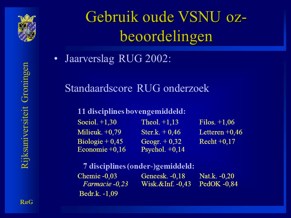Rijksuniversiteit Groningen RuGRuG Gebruik oude VSNU oz- beoordelingen •Jaarverslag RUG 2002: Standaardscore RUG onderzoek 11 disciplines bovengemiddeld: Sociol.