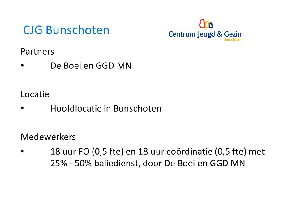 CJG Bunschoten Partners • De Boei en GGD MN Locatie • Hoofdlocatie in Bunschoten Medewerkers • 18 uur FO (0,5 fte) en 18 uur coördinatie (0,5 fte) met 25% - 50% baliedienst, door De Boei en GGD MN
