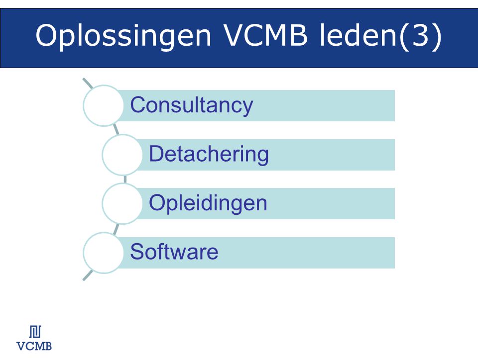 Oplossingen VCMB leden(3) opl os sin ge n Consultancy Detachering Opleidingen Software
