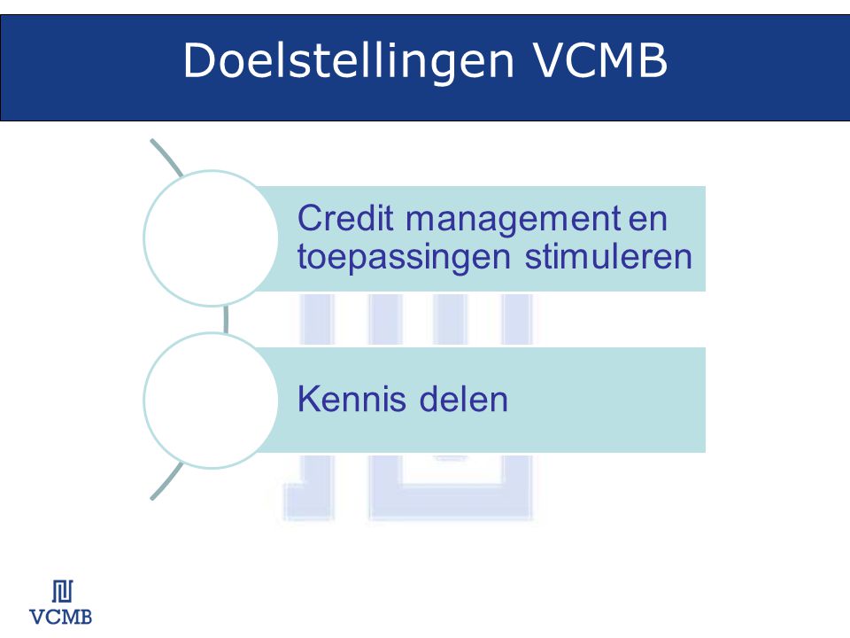 Doelstellingen VCMB Credit management en toepassingen stimuleren Kennis delen
