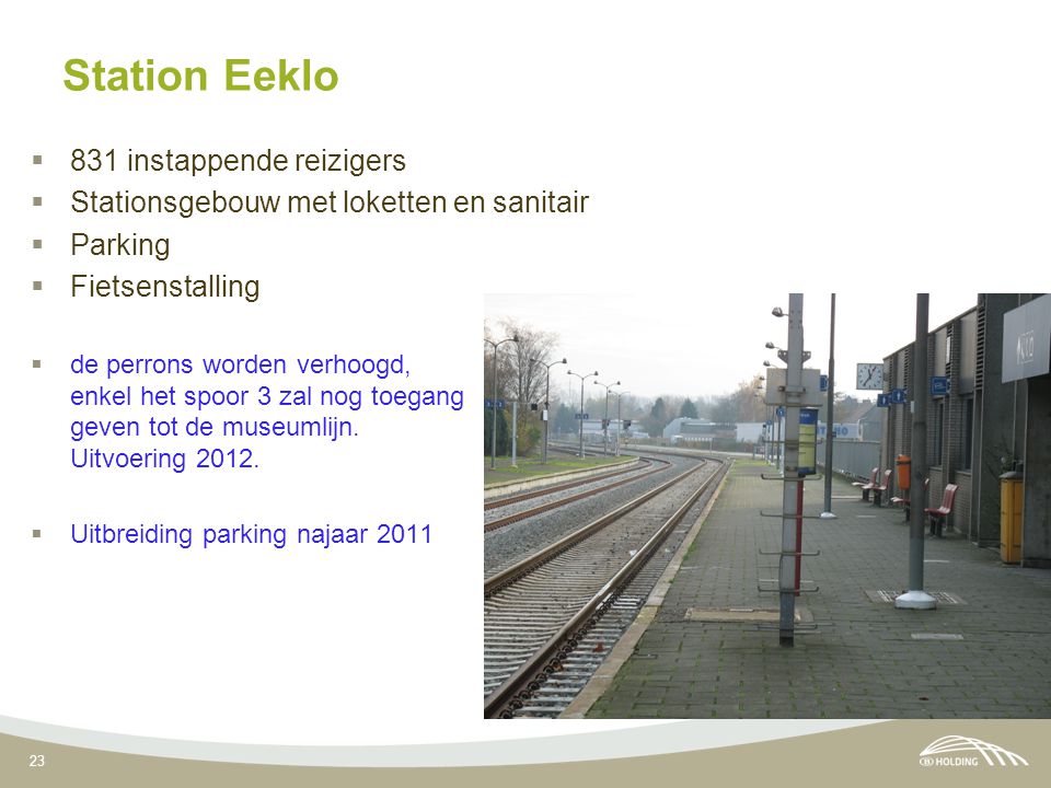 23 Station Eeklo  831 instappende reizigers  Stationsgebouw met loketten en sanitair  Parking  Fietsenstalling  de perrons worden verhoogd, enkel het spoor 3 zal nog toegang geven tot de museumlijn.