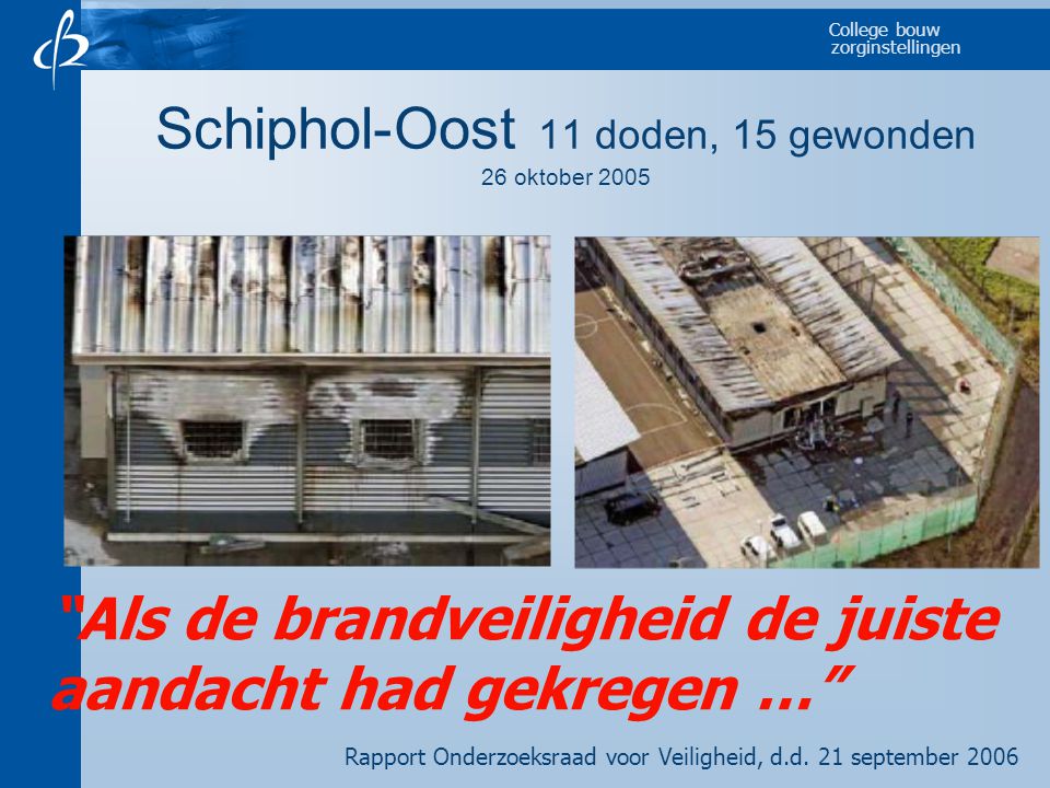 College bouw zorginstellingen Schiphol-Oost 11 doden, 15 gewonden 26 oktober 2005 Als de brandveiligheid de juiste aandacht had gekregen … Rapport Onderzoeksraad voor Veiligheid, d.d.