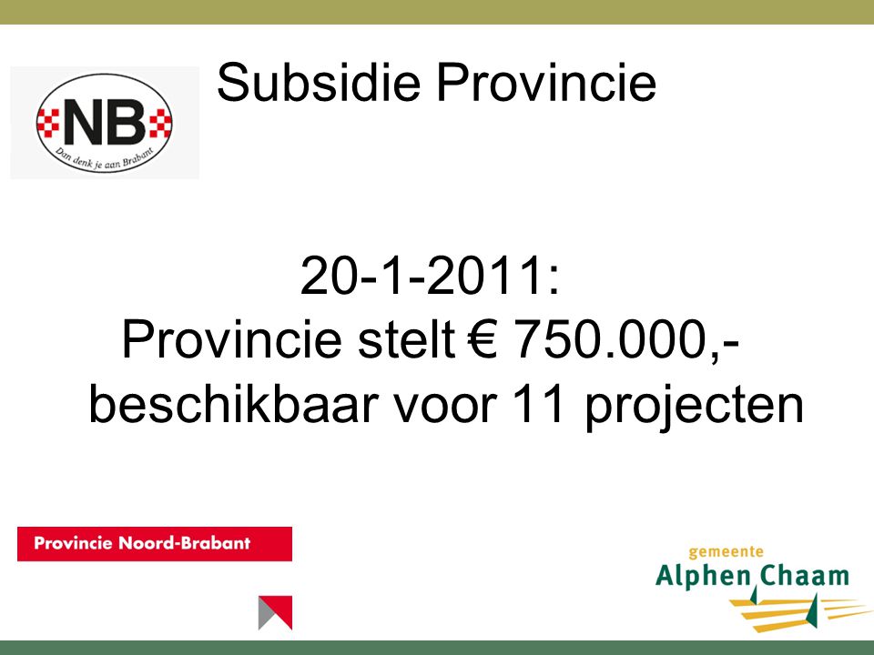 Subsidie Provincie : Provincie stelt € ,- beschikbaar voor 11 projecten