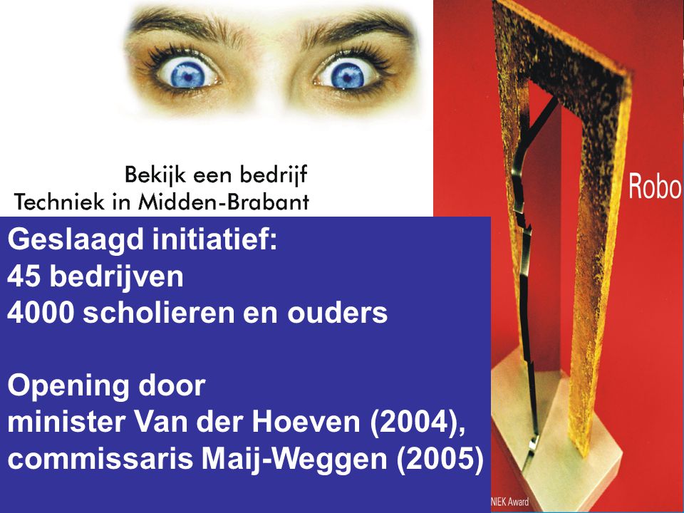 Geslaagd initiatief: 45 bedrijven 4000 scholieren en ouders Opening door minister Van der Hoeven (2004), commissaris Maij-Weggen (2005)