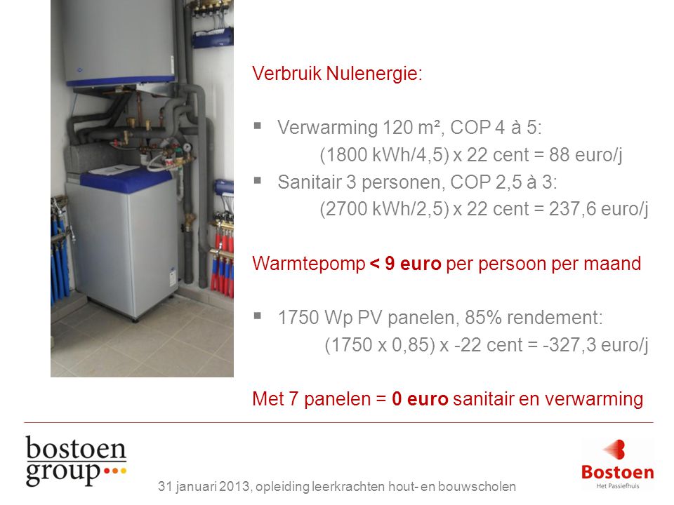 Verbruik Nulenergie:  Verwarming 120 m², COP 4 à 5: (1800 kWh/4,5) x 22 cent = 88 euro/j  Sanitair 3 personen, COP 2,5 à 3: (2700 kWh/2,5) x 22 cent = 237,6 euro/j Warmtepomp < 9 euro per persoon per maand  1750 Wp PV panelen, 85% rendement: (1750 x 0,85) x -22 cent = -327,3 euro/j Met 7 panelen = 0 euro sanitair en verwarming 31 januari 2013, opleiding leerkrachten hout- en bouwscholen