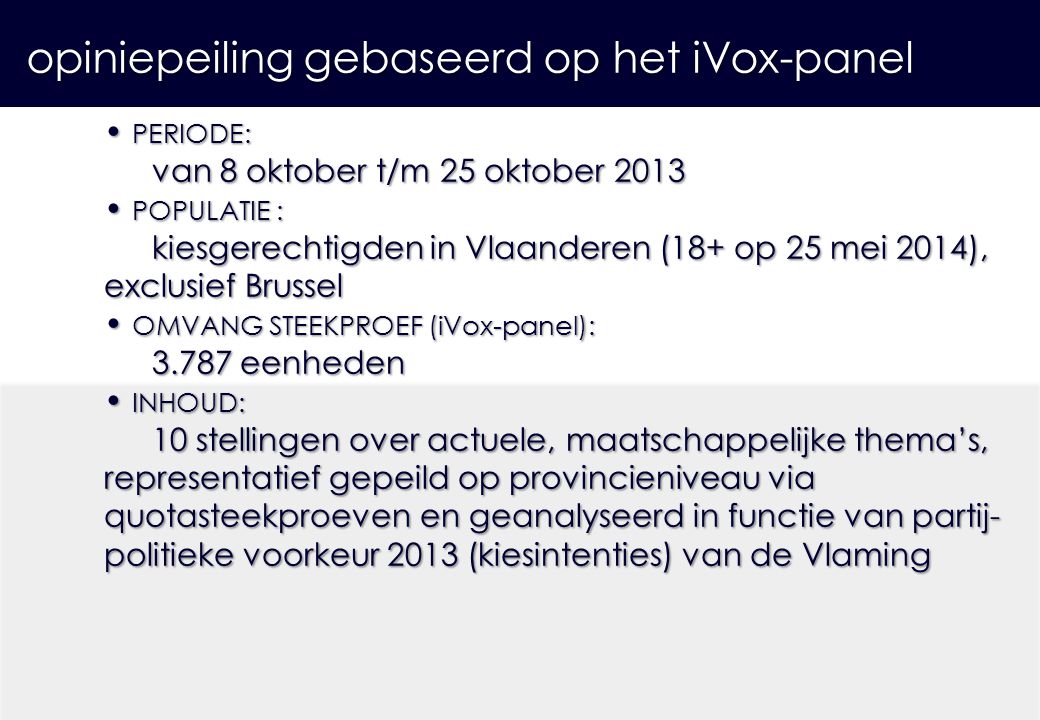 • PERIODE: van 8 oktober t/m 25 oktober 2013 • POPULATIE : kiesgerechtigden in Vlaanderen (18+ op 25 mei 2014), exclusief Brussel • OMVANG STEEKPROEF (iVox-panel): eenheden • INHOUD: 10 stellingen over actuele, maatschappelijke thema’s, representatief gepeild op provincieniveau via quotasteekproeven en geanalyseerd in functie van partij- politieke voorkeur 2013 (kiesintenties) van de Vlaming opiniepeiling gebaseerd op het iVox-panel