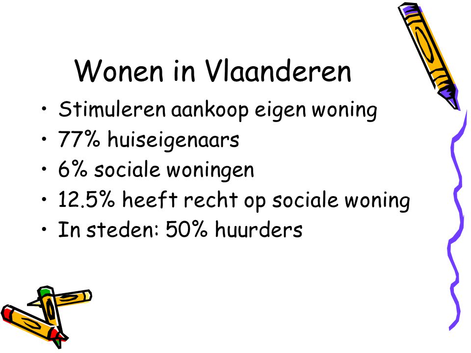 Wonen in Vlaanderen •Stimuleren aankoop eigen woning •77% huiseigenaars •6% sociale woningen •12.5% heeft recht op sociale woning •In steden: 50% huurders