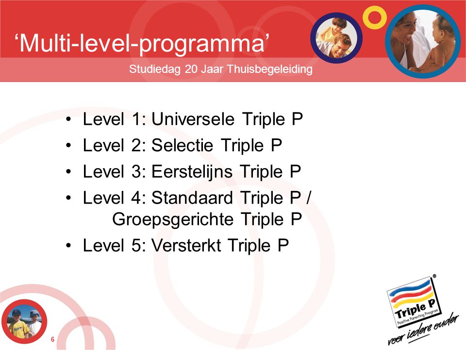 6 ‘Multi-level-programma’ Studiedag 20 Jaar Thuisbegeleiding •Level 1: Universele Triple P •Level 2: Selectie Triple P •Level 3: Eerstelijns Triple P •Level 4: Standaard Triple P / Groepsgerichte Triple P •Level 5: Versterkt Triple P