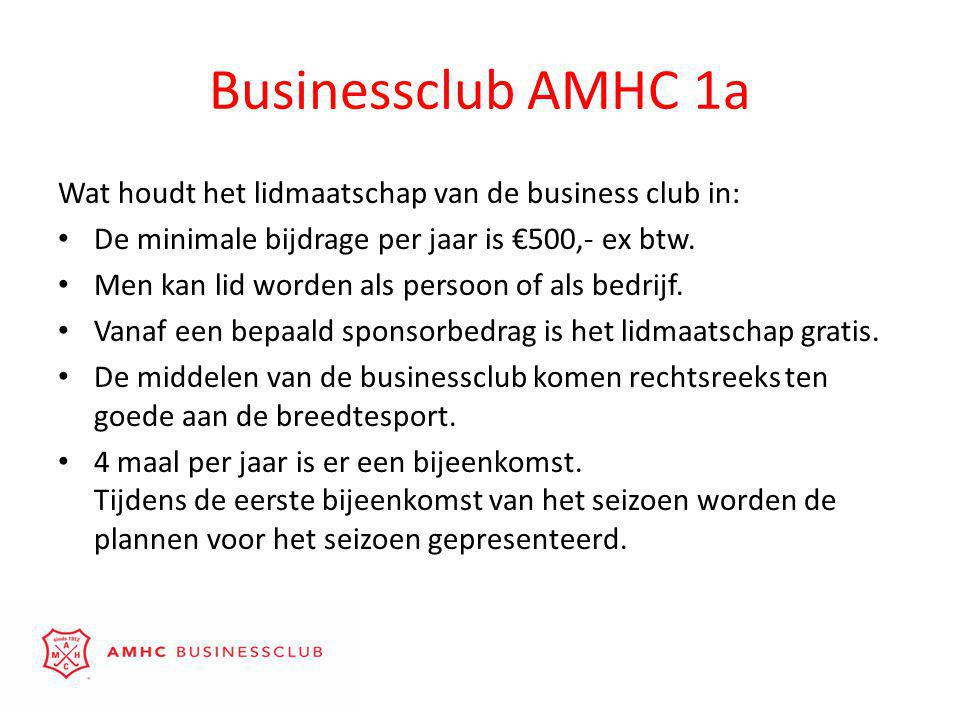 Businessclub AMHC 1a Wat houdt het lidmaatschap van de business club in: • De minimale bijdrage per jaar is €500,- ex btw.