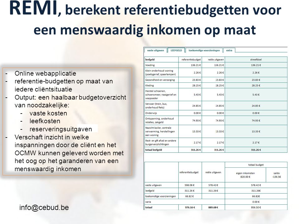 REMI, berekent referentiebudgetten voor een menswaardig inkomen op maat -Online webapplicatie -referentie-budgetten op maat van iedere cliëntsituatie -Output: een haalbaar budgetoverzicht van noodzakelijke: -vaste kosten -leefkosten -reserveringsuitgaven -Verschaft inzicht in welke inspanningen door de cliënt en het OCMW kunnen geleverd worden met het oog op het garanderen van een menswaardig inkomen