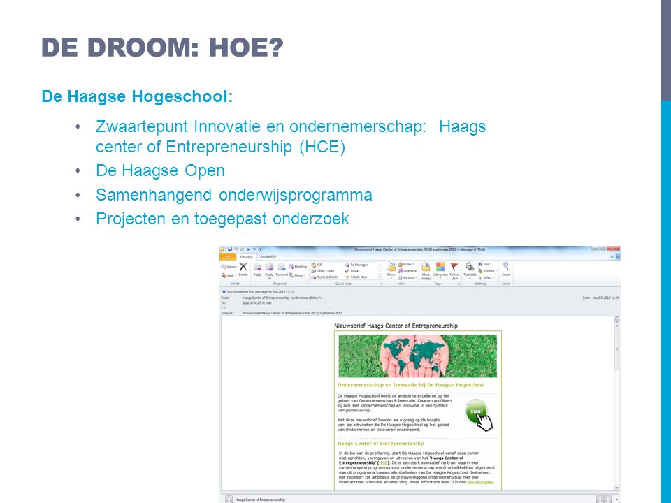 De Haagse Hogeschool: •Zwaartepunt Innovatie en ondernemerschap: Haags center of Entrepreneurship (HCE) •De Haagse Open •Samenhangend onderwijsprogramma •Projecten en toegepast onderzoek