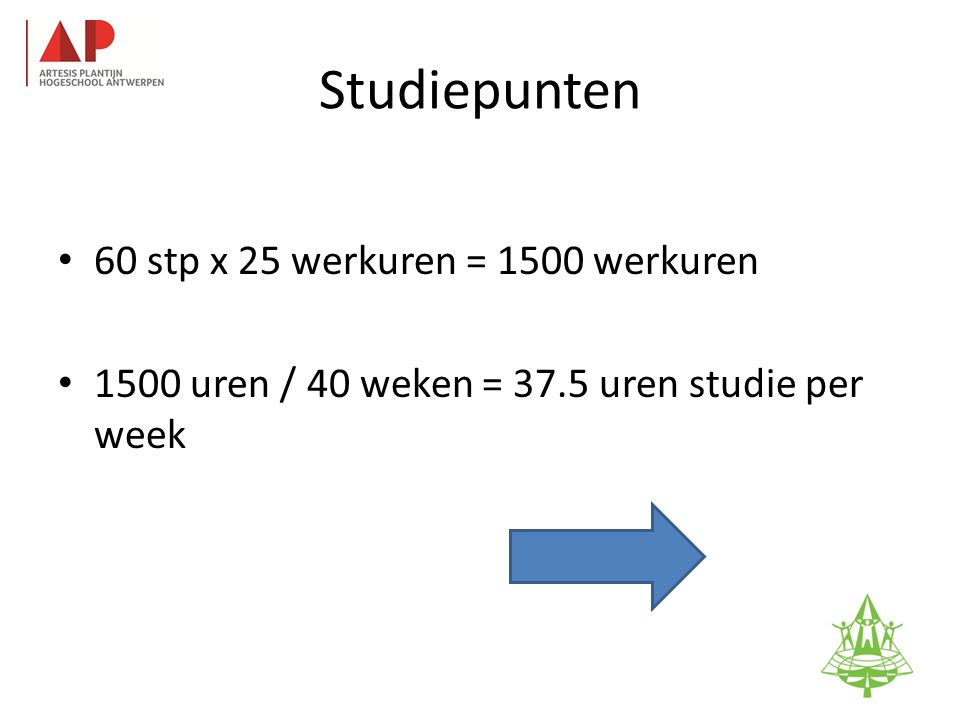 Studiepunten • 60 stp x 25 werkuren = 1500 werkuren • 1500 uren / 40 weken = 37.5 uren studie per week 54