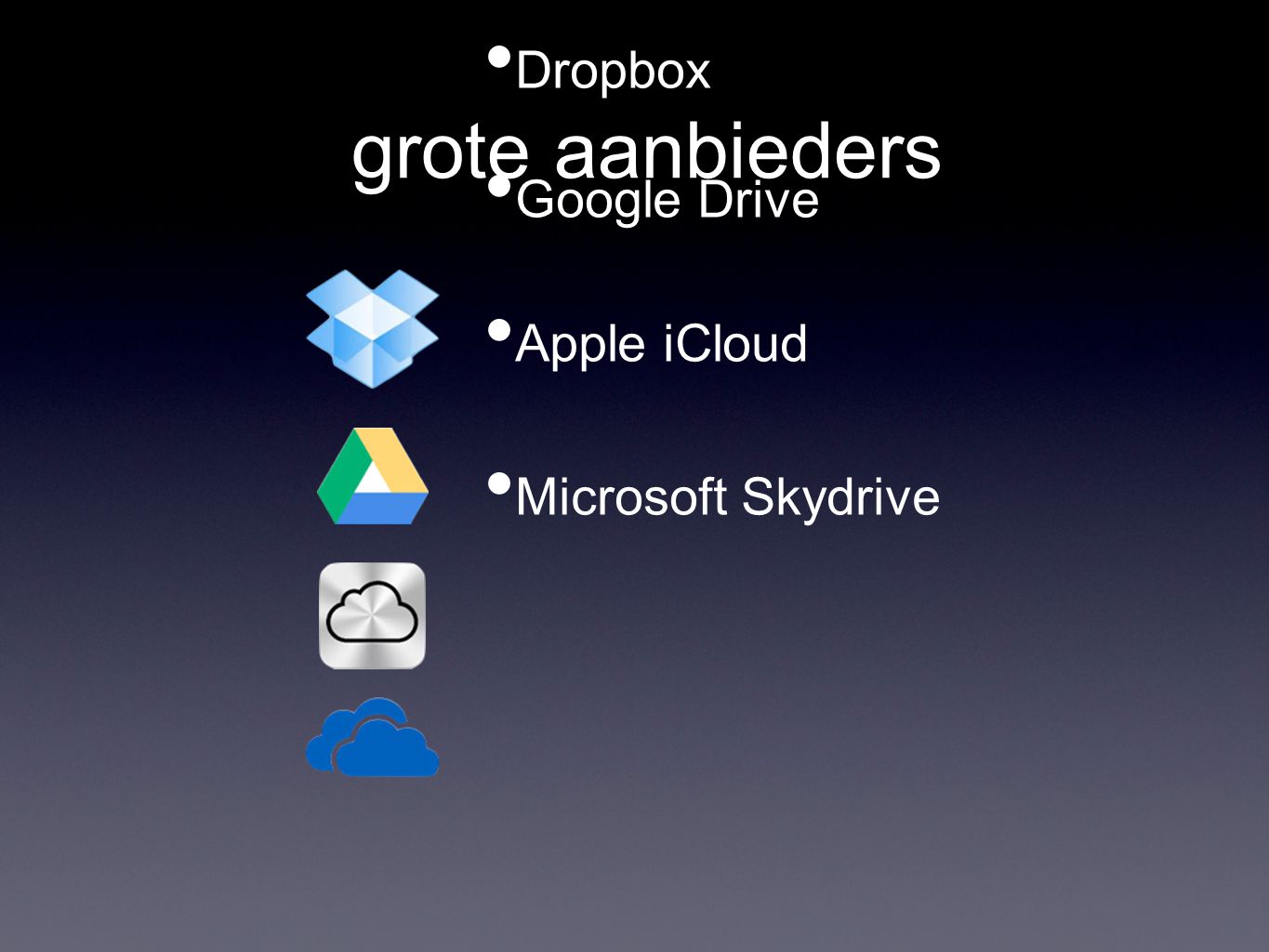 grote aanbieders • Dropbox • Google Drive • Apple iCloud • Microsoft Skydrive