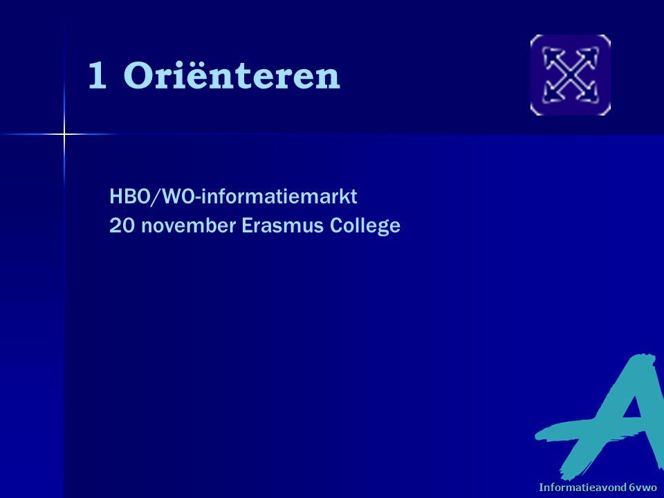 1 Oriënteren HBO/WO-informatiemarkt 20 november Erasmus College Informatieavond 6vwo
