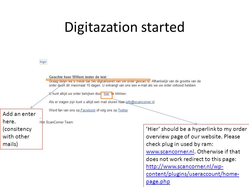 Digitazation started ’Hier’ should be a hyperlink to my order overview page of our website.