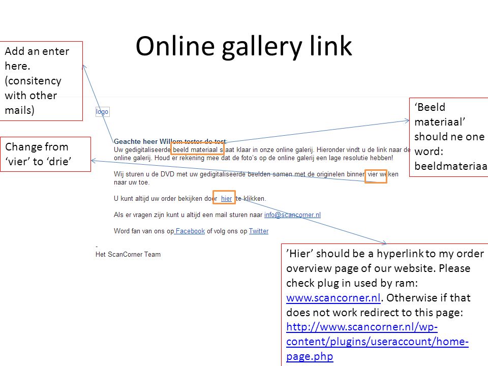 Online gallery link ’Hier’ should be a hyperlink to my order overview page of our website.