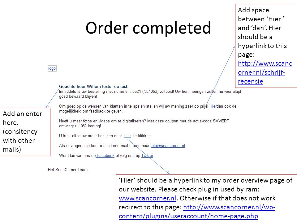 Order completed Add space between ‘Hier ’ and ‘dan’.