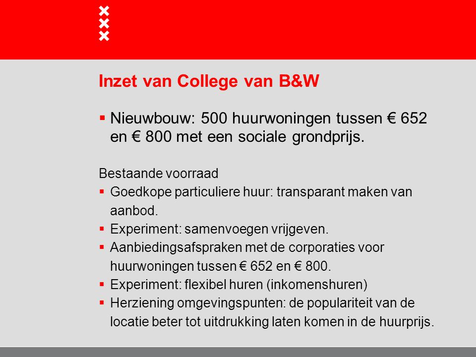 Inzet van College van B&W  Nieuwbouw: 500 huurwoningen tussen € 652 en € 800 met een sociale grondprijs.