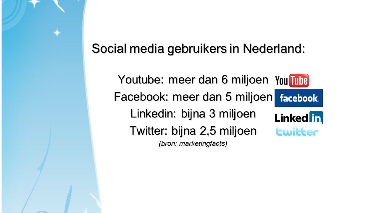 Social media gebruikers in Nederland: Youtube: meer dan 6 miljoen Facebook: meer dan 5 miljoen Linkedin: bijna 3 miljoen Twitter: bijna 2,5 miljoen (bron: marketingfacts)