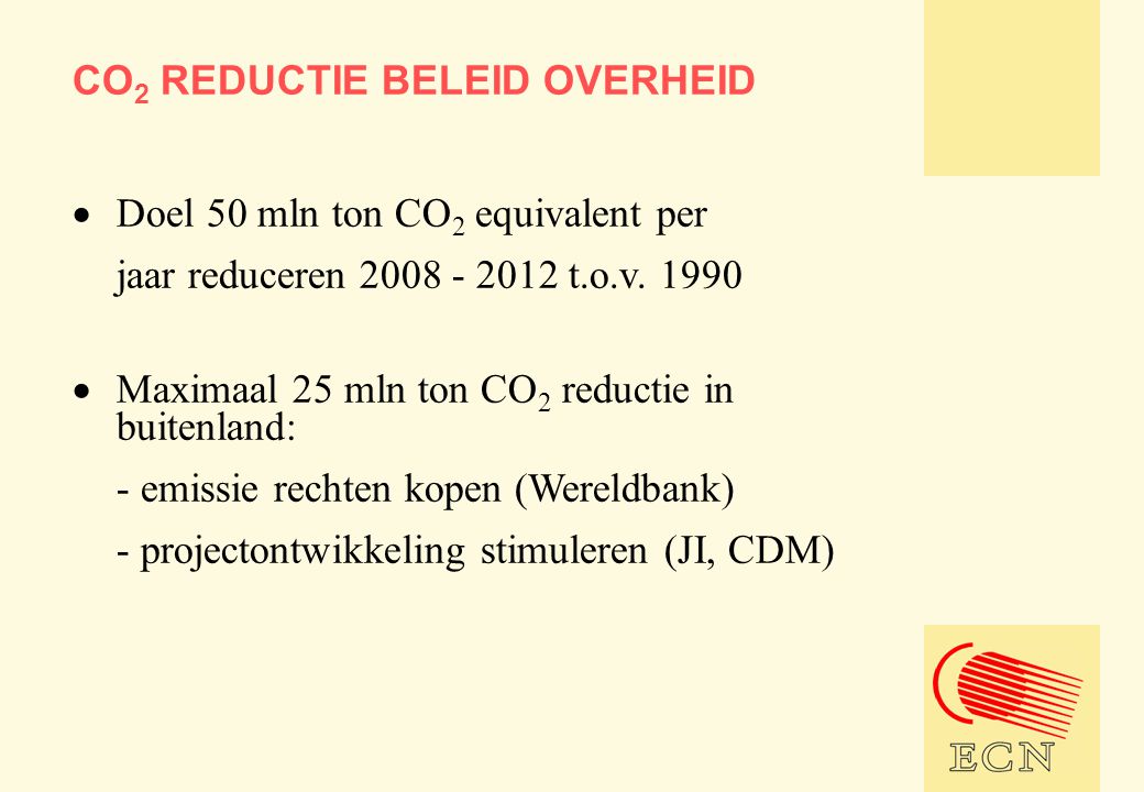 CO 2 REDUCTIE BELEID OVERHEID  Doel 50 mln ton CO 2 equivalent per jaar reduceren t.o.v.