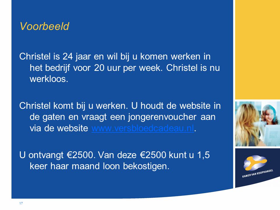 17 Voorbeeld Christel is 24 jaar en wil bij u komen werken in het bedrijf voor 20 uur per week.
