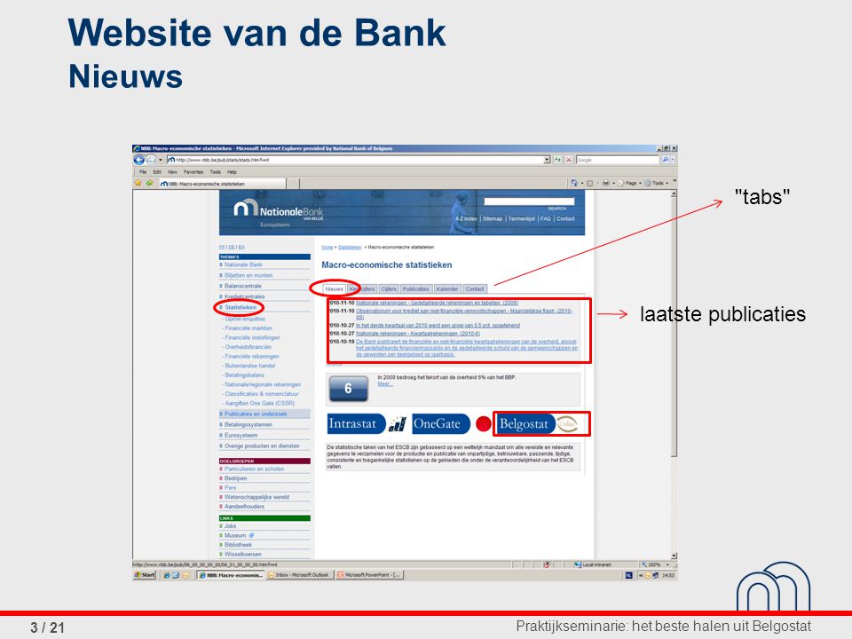 Praktijkseminarie: het beste halen uit Belgostat 3 / 21 Website van de Bank Nieuws laatste publicaties tabs