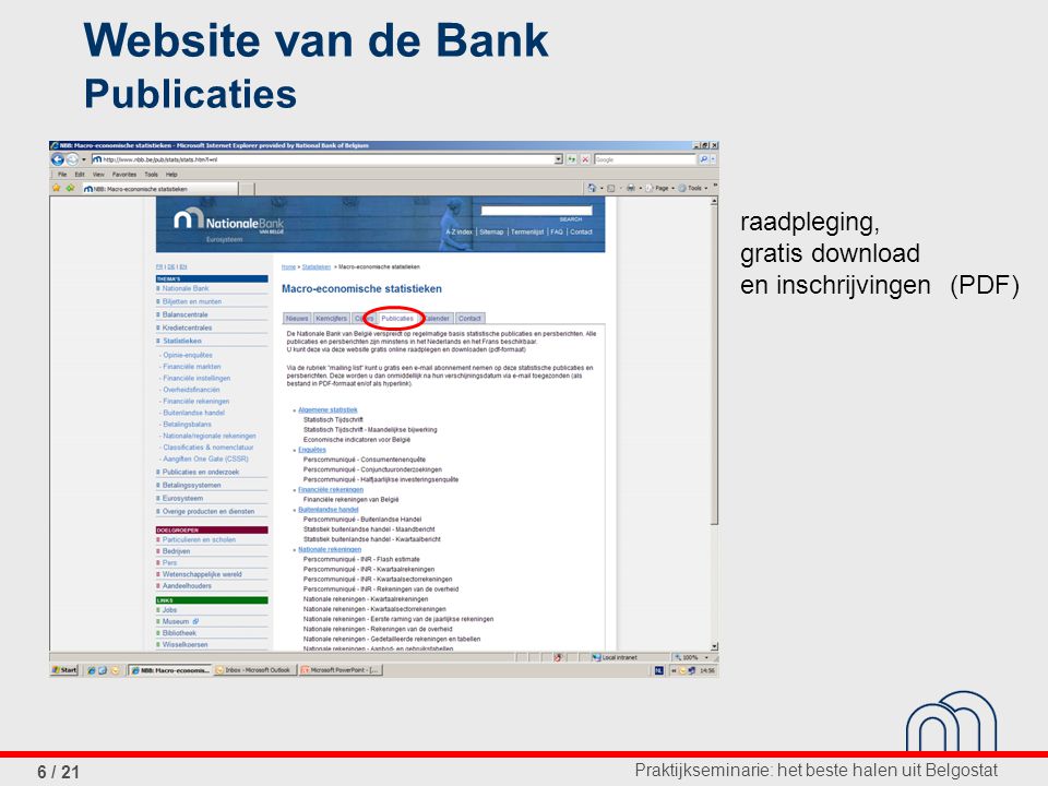 Praktijkseminarie: het beste halen uit Belgostat 6 / 21 Website van de Bank Publicaties raadpleging, gratis download en inschrijvingen (PDF)