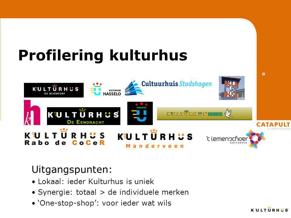 Profilering kulturhus Uitgangspunten: • Lokaal: ieder Kulturhus is uniek • Synergie: totaal > de individuele merken • ‘One-stop-shop’: voor ieder wat wils 8