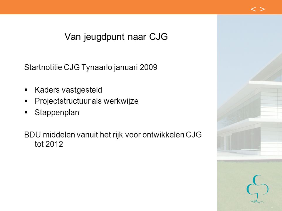 Van jeugdpunt naar CJG Startnotitie CJG Tynaarlo januari 2009  Kaders vastgesteld  Projectstructuur als werkwijze  Stappenplan BDU middelen vanuit het rijk voor ontwikkelen CJG tot 2012