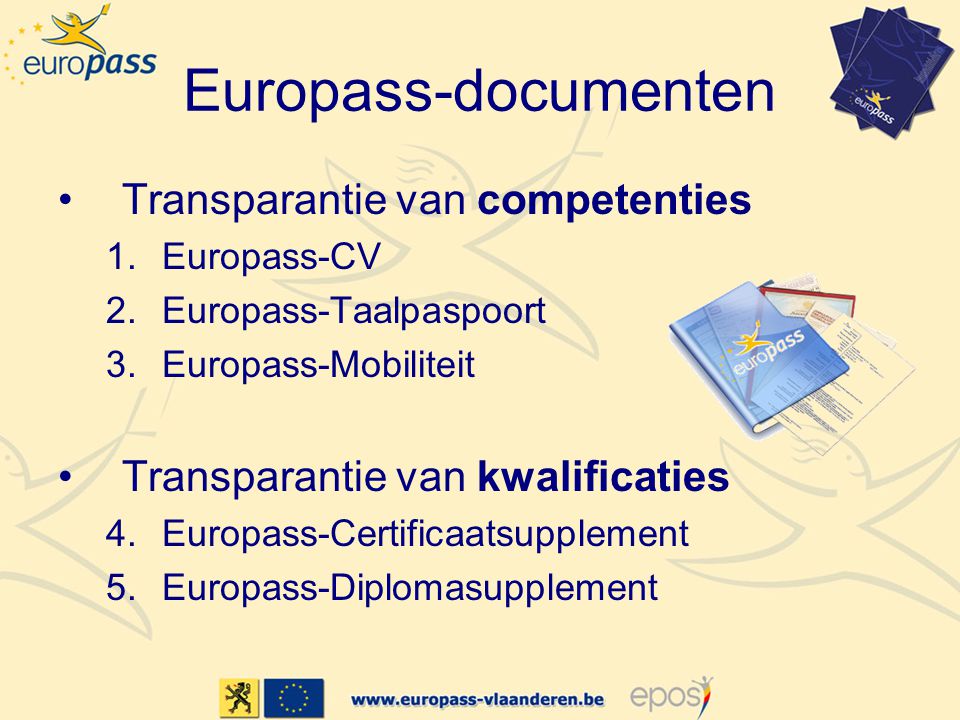 Europass-documenten •Transparantie van competenties 1.Europass-CV 2.Europass-Taalpaspoort 3.Europass-Mobiliteit •Transparantie van kwalificaties 4.Europass-Certificaatsupplement 5.Europass-Diplomasupplement