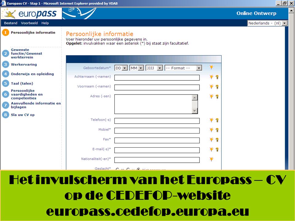 Het invulscherm van het Europass – CV op de CEDEFOP-website europass.cedefop.europa.eu