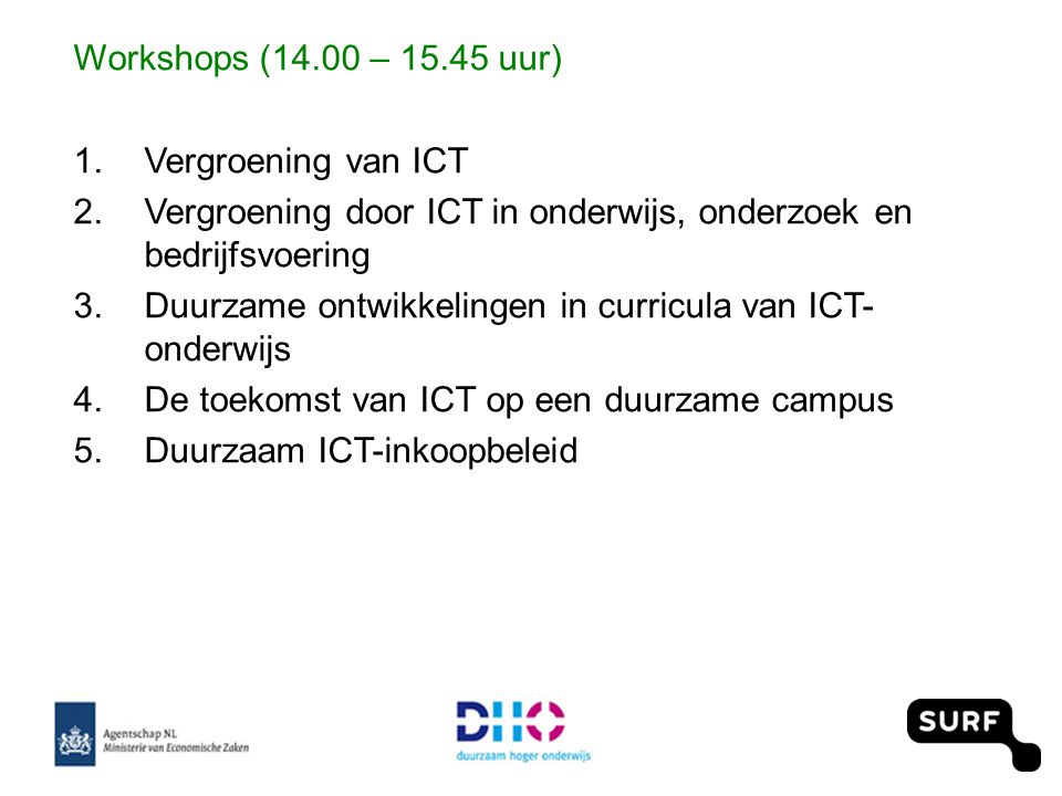 Workshops (14.00 – uur) 1.Vergroening van ICT 2.Vergroening door ICT in onderwijs, onderzoek en bedrijfsvoering 3.Duurzame ontwikkelingen in curricula van ICT- onderwijs 4.De toekomst van ICT op een duurzame campus 5.Duurzaam ICT-inkoopbeleid