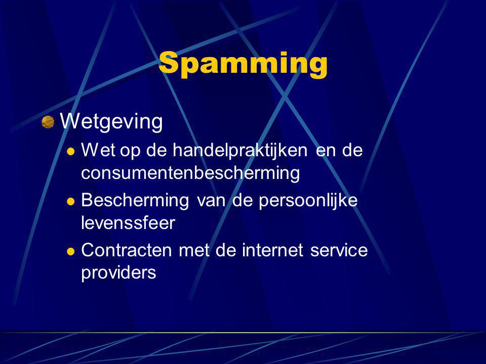 Spamming Wetgeving  Wet op de handelpraktijken en de consumentenbescherming  Bescherming van de persoonlijke levenssfeer  Contracten met de internet service providers