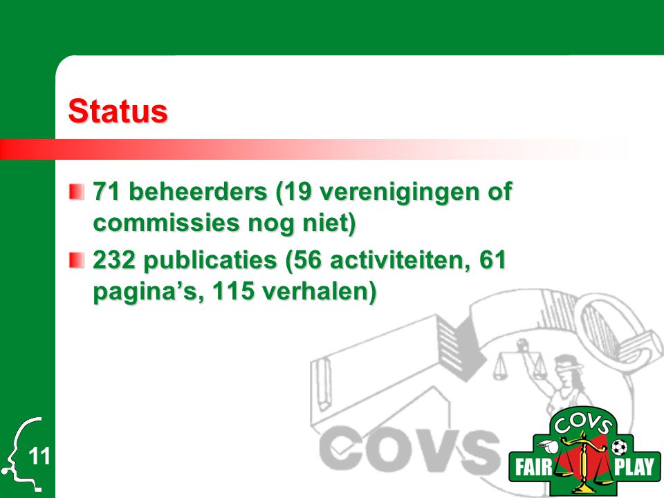 Status 71 beheerders (19 verenigingen of commissies nog niet) 232 publicaties (56 activiteiten, 61 pagina’s, 115 verhalen) 11