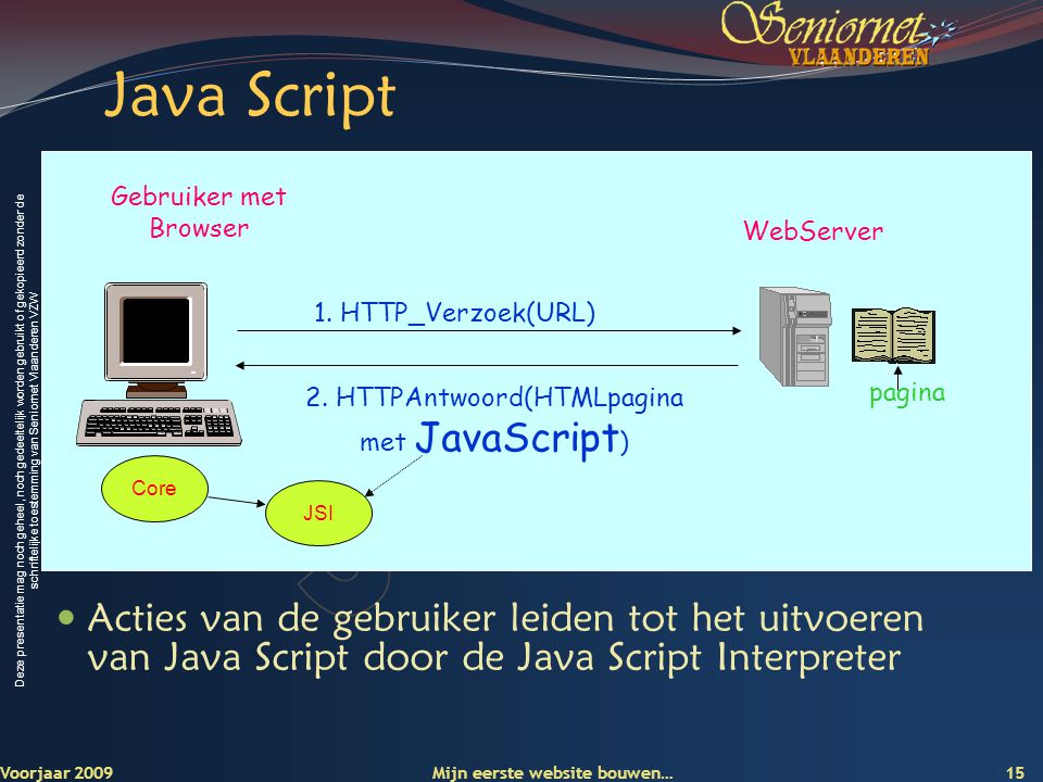 Deze presentatie mag noch geheel, noch gedeeltelijk worden gebruikt of gekopieerd zonder de schriftelijke toestemming van Seniornet Vlaanderen VZW Java Script Voorjaar 2009 Mijn eerste website bouwen… 15  Acties van de gebruiker leiden tot het uitvoeren van Java Script door de Java Script Interpreter Gebruiker met Browser WebServer 1.